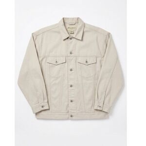 Eddie Bauer Men L Denim Trucker Jacket Beige Tan Cotton Canvas Workwear Utility